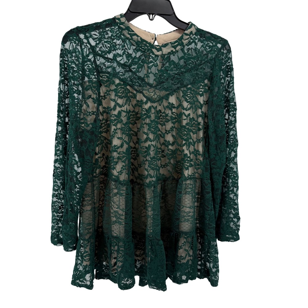 Andree by Unit Women's Size‎ L Tunic Top Blouse Green Polyester Lace Romantic